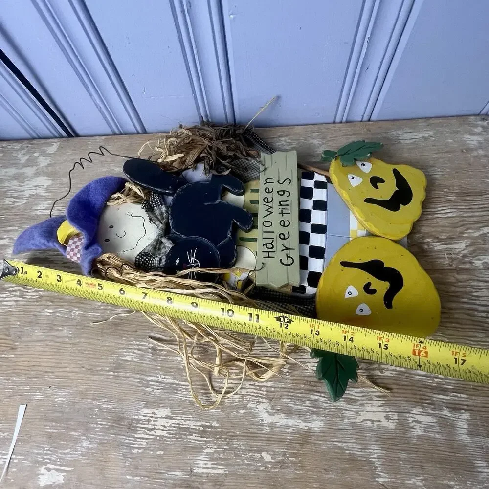 Vintage Halloween Witch Black Cat Pumpkin Wall Hanging Primitive Folk Art Kitsch